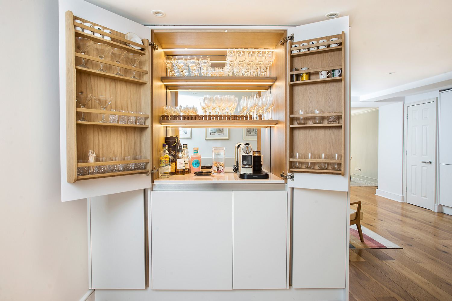 An open bar pantry in a real customer's kitchen.