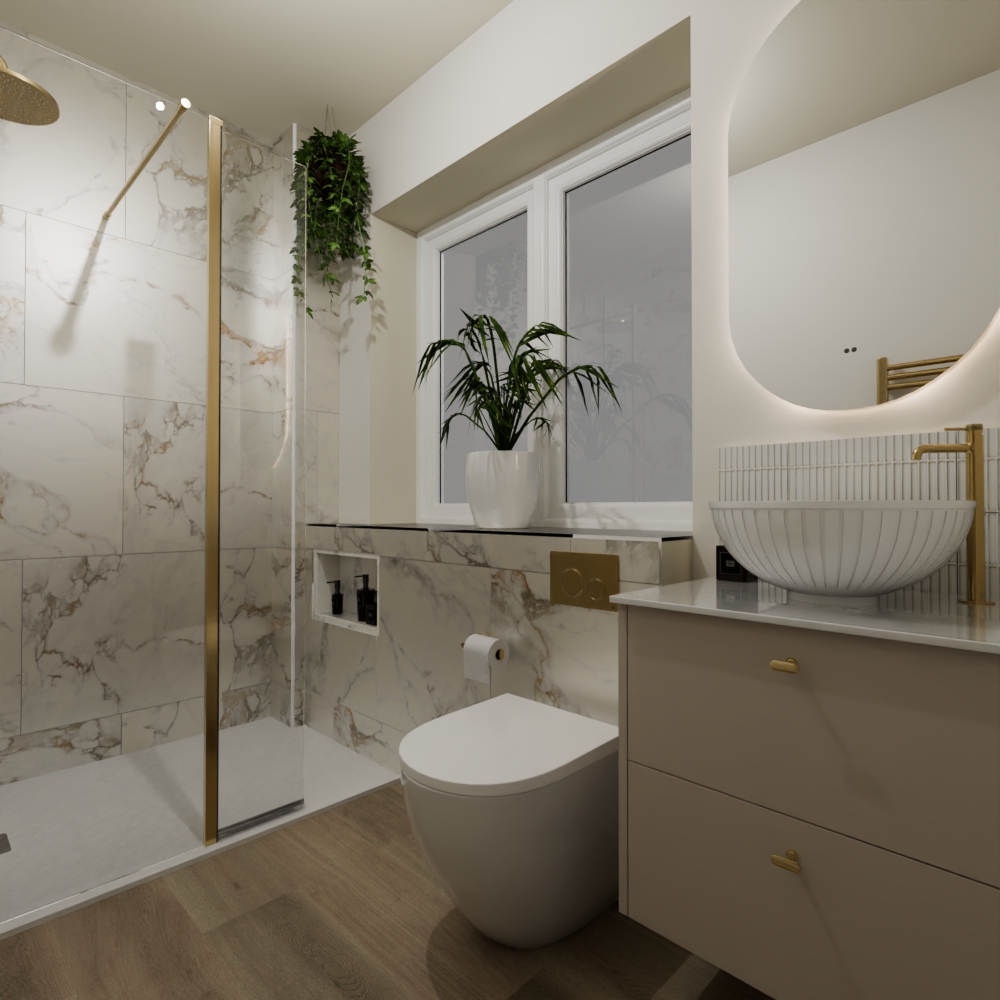A rendered image of a bathroom with walk in shower, toilet and vanity unit.