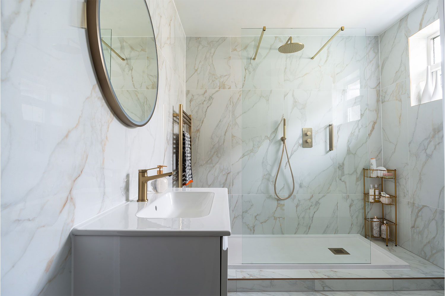 A walk in shower within a real customer's bathroom.