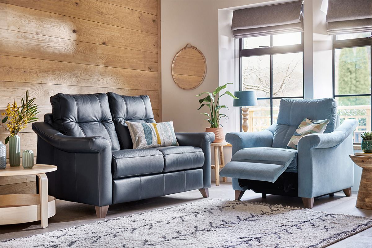 A G-Plan Leather and Upholstery sofa and chair from the Riley Range in a living room setting.